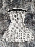 Pbong  Women Frill Trim Polka Dot Print Contrast Lace Strapless Mini Dress