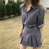 Fake Denim Fashion Spring Summer Outfits 2025 New Lapel Blouse Top And Short Skirt Two Piece Set Streetwear Shirts + Pleat Skirt