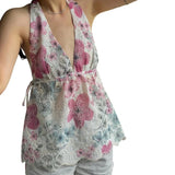 Coquette Tank Tops y2k Women Floral Print V Neck Tie-Up Sleeveless Backless Halter Neck T Shirts Vest 2000s Clothing
