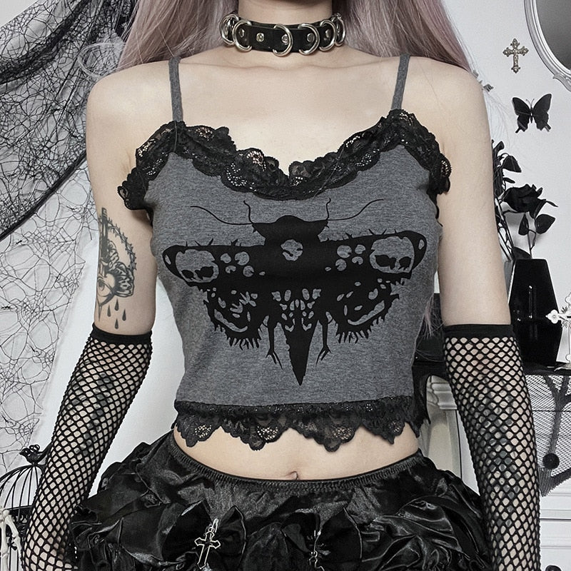 Lace Corset Cami Top Gothic Moth Print Sexy Grunge Mall E Girl Patchwork Spaghetti Straps Backless Vintage Hip Hop Top