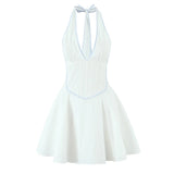Halter Neck Patchwork White Women Dress V-neck A-line Pleat Party Summer Dress New Y2K Sweet Backless Beach Female Clothes