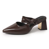Pbong  Black Pointed Toe High Heel Mules, Wide Bow Knot Backless Sandals, Gold Accent Block Heel Dressy Shoes for Women