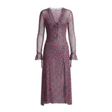 Pbong  Women Sheer Mesh Maxi Dress Polka Dot Floral Print Tie Front Ruffles Trim Split Hem Party Dress Summer Vacation