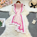 Pbong  Chic Fashion Sexy Irregular Wave Edges Knitted Summer Dress Women Elegant Bodycon Party Dress Streetwear Lady Outfits