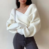Pbong  New Autumn And Winter Fashion Solid Color Retro Cross V-neck Sweater Temperament Short Irregular Women's Knitted Top