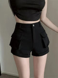 Pbong  Korean Casual Cargo Shorts Women Pockets High Waist Streetwear Shorts Summer All Match Lady Simple Solid Slim Cargo Shorts