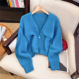 Women's Zip Up Knit Cardigan with Pocket V-neck Zipper Front Crop Sweater Jacket Female Teen-girl Autumn Winter Y2K Outfit