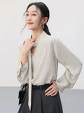 Elegant Lace Up Striped Blouse Women Fall Chic Hollow Out Long Sleeve Sweet Shirt Korean High Quality Loose Fashion New Top