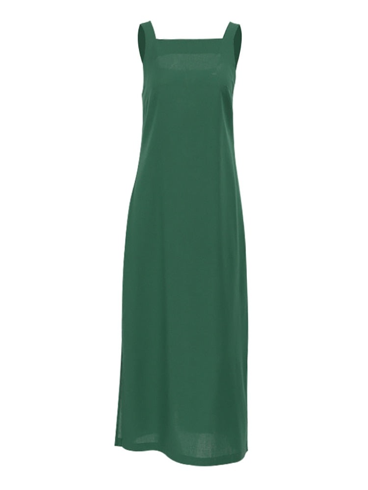 Green Tank Cotton Linen Dresses Sleeveless Straight Split Dress All-Match Midi Drape Dress Vacation Style Lady