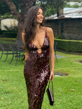 Sexy Sequin Deep V-neck Sling Party Dress Women Elegant Glitter Sleeveless Waist-cinching Evening Dresses Chic Beach Robes
