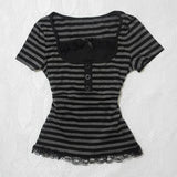 Gothic Harajuku Y2K Women's Crop Top Casual Slim Fit Striped Lace Bow Button Design Short Sleeve T-Shirt Retro Trendy Streetwear