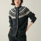 Fair Isle Knit Sweater Cardigan Women Cozy Stand Collar Button Front Sweater Jacket Teen-Girl Fall Winter Vintage Chic Outfit