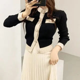 Pbong  Chic Korean round Neck Single Button Slim Fit Knit Sweater + High Waist Pleated Mini Skirt Women's Fashion Winter Outfit