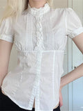 Women Shirts Elegant Short Sleeve Button Closure Solid Slim Fit Blouse Summer Y2K Tops