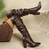 Pbong  Size 35-42 White Pleated Long Boots Women Autumn Winter Chunky Heels Motorcycle Knee High Shoes Botas Largas Mujer
