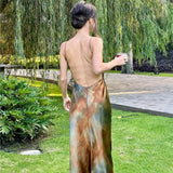 Fashion V-neck Satin Party Dress Vacation Beach Slim Women Long Dress Tie Dye Printing Streetwear Summer Slip Dresses New