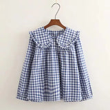 New Autumn Cotton White Shirts Women Student Sweet Tops Girl Peter Pan Collar Plaid Casual Cute Loose Blouses Spring T39132QM