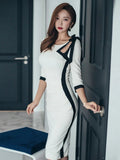 Korean Elegant Women Evening Dress Chic Retro Hollow Folds Skinny Slim Slit Midi Party Club Gown Formal Lady Femme Mujer Vestido