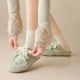 Pbong  Women Spring Summer Dual Lace Suede Backless Mule Sneakers Round Toe Slip on Gum Sole Vintage Casual Walking Flat Slide Shoes