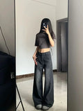 Vintage Women's Black Grey High Waist Jeans Y2K Fashion Baggy Loose Straight Wide Leg Baggy Denim Trousers Pants
