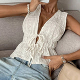 Women's Tanks Deep V-Neck Tie Detail Sleeveless Solid Color Top Summer Casual Chic Style Tanks