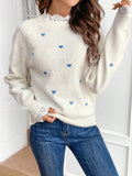 Women's Elegant Heart- Lace Trim Drop Shoulder Sleeve Round Neck Sweater - Soft Pullover with Delicate Lace Accents, All-Season