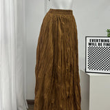 2025 New Beige Long Skirt For Women Casual Solid Color Elastic Waist Pleated Spring Summer Skirt Fashion Simple Woman Clothing