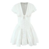 Pbong  Sweet Cute White Mini Dress For Pretty Girl Elegant A-line Bow V Neck Summer Dresses Party Robe Vacation Vestidos