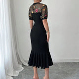 Pbong  Sexy Mesh Spliced Women Fishtail Dress Stylish Jacquard Irregular Hem Midi Vestidos Evening Party Female Black O-Neck Dress