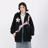 Y2K Vintage Zip Up Hoodies Women Harajuku Hip Hop Letter Print Sweatshirts Gothic Streetwear Loose Patchwork Tops Coats
