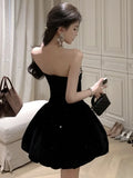 Black Velvet Womens Dresses Sexy Strapless Backless Wedding Party Mini Dress Slim Waist Prom A-Line Vestidos Female Clothes New