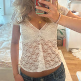 Women Sexy V Neck T-shirt Floral Lace Sheer Slim Fit Blouse Tees Coquette Fairy Crop Tops Y2k 90s Vintage Going Out Streetwear