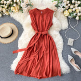 Pbong  Korean Fashion Women Dress Summer Casual Solid Sleeveless Sash Bandage Black Dress Vintage Elegant Lady Vestidos