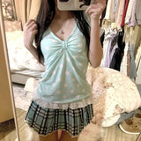 Pbong  Summer New Green Lace Splicing Halter Tank Tops Japanese Retro Subculture V-neck Vest Women's Original Polka Dot Print Slim Top