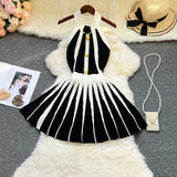 Pbong  Fashion Sexy Backless Halter Knitted Dress Women Elegant White and Black Patchwork Slim Waist Pleated Party Dress