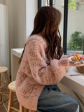 Mohair Sweet Pink Cardigan Sweater Women Elegant Lazy Wind Chic Knitted Coat Loose Long Sleeve Fashion High Quality Tops