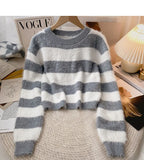 Fuzzy Knit Striped Sweater Pullovers for Women Soft Warm Long Sleeve Crew Neck Crop Knit Top Y2k Teen-girl Autumn Winter Outfit
