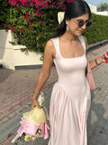Women's Elegant Solid High Waist Pleated Long Dress Fashion Square Neck Sleeveless A-line Dresses Vocation Beach Streetwear