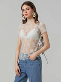 Women Lace Tops Short Sleeve Crew Neck See-through Sheer T-shirt Summer Casual Tee Shirts Clubwear