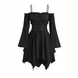 Women's Dresses Autumn Halloween Contrast Color Asymmetrical Hem Flounce Trim Lace Up Long Sleeve Off Shoulder Mini Dre