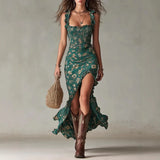 Pbong  Sexy Spaghetti Strap Long Dresses For Women Summer Fashion Sleeveless Square Collar Floral Print Party Dress Elegant
