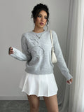Elegant 3D floral pattern round neck long sleeved knitted sweater for women's clothing