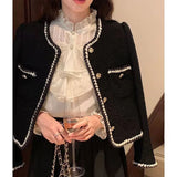 Vintage Jackets Women Korean Elegant Single Breasted Cropped Coat Tweed Long Sleeve Casual Short Harajuku Outwear