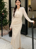Women Autumn Velvet Midi Dresses Sexy V-neck Floral Solid Long Sleeve Slim Vintage Dress Elegant Party Mermaid Clothing Vestidos