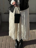 Crinkle Pleated Midi Skirts for Women Summer Clothes Elastic High Wasit A Line Fashion Skirt Female Vintage Elegant Long Skirt