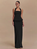 Backless Sexy 2 Piece Sets Women Solid Square Collar Halter Tops And Long Skirt Female Slim Fit Club Two Piece Sets