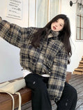 Winter Vintage Warm Plaid Parkas Women Thick Loose Long Sleeve Cute Cotton Coat Casual American Retro Stand Collar Y2K Tops