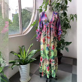Summer New Women's Gradient Color Print Dress V-neck Sexy Slimming Lace Hemline Long Sleeve High Waist Street Style Elegant