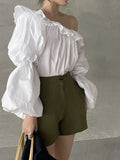 Pbong  Skew Collar Puff Sleeve Women Shirts Solid Spring Autumn Vintage Korean Chic Blouses  Ruffles Elegant Fashion Blusas