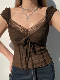 Lace-up Lace Patchwork Y2K Top Short Sleeve Summer Casual Cute Clothes Vintage Tank Tops Coquette T-shirt Women Tees
